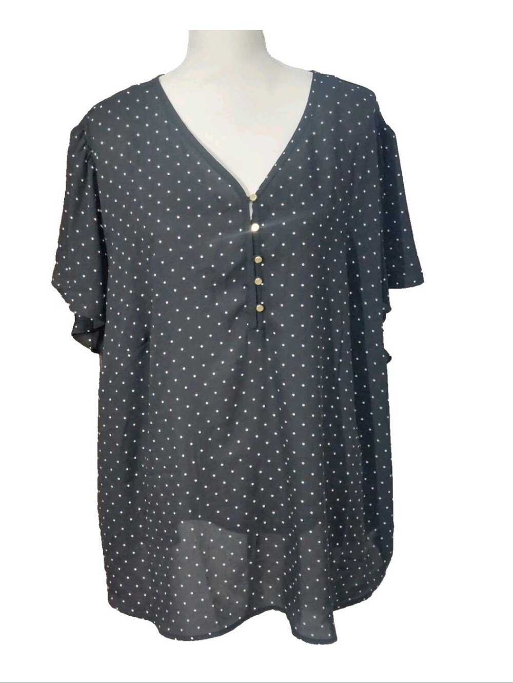 Liz Claiborne Black Polka Dot V-Neck Button Blouse
